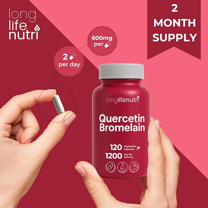 LongLifeNutri Quercetin 1000mg with Bromelain 200mg - 120 Vegetarian Capsules Organic Dihydrate Complex for Joint Mobility &amp Respiratory Balance 2-Month Supply GMP Certified Made in USA