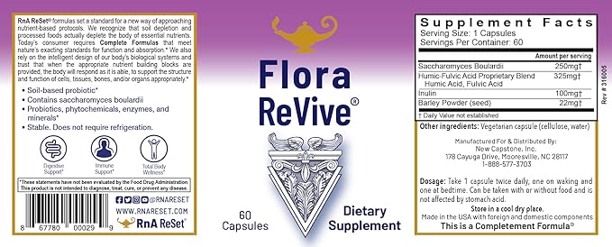 RnA ReSet Flora Revive – Soil-Based Daily Probiotic with Prebiotics &amp Humic-Fulvic Blend Shelf-Stable Gut Health 10 Billion CFU (60 Capsules) NSF Contents Certified
