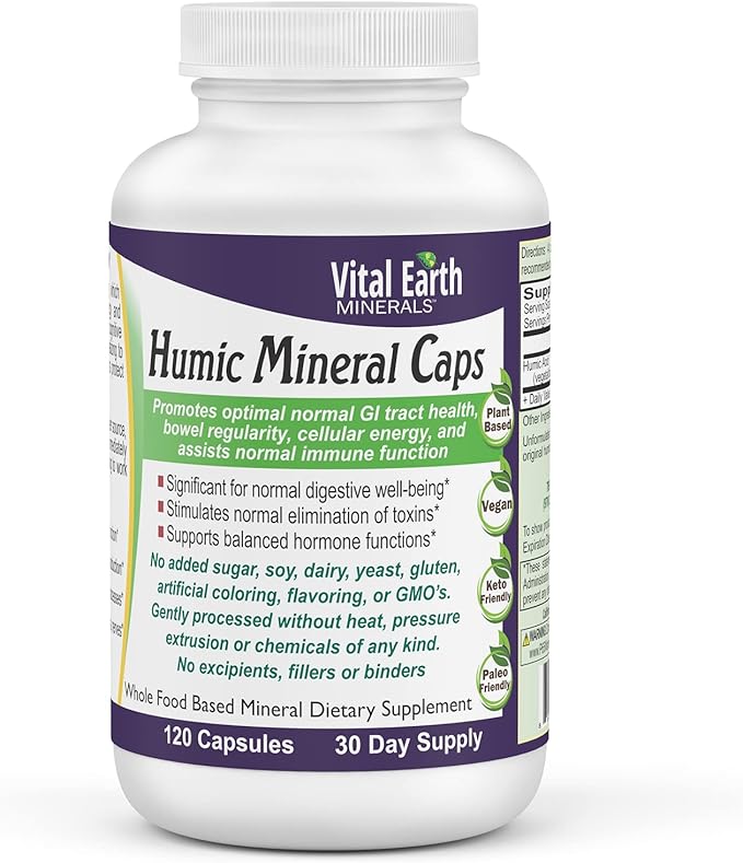 Vital Earth Minerals Humic Minerals Capsules - 70+ Trace Minerals with Naturally Occurring Fulvic Acid Alkalizing Mineral Supplement for Detox Gut Health Wellness 120 Count