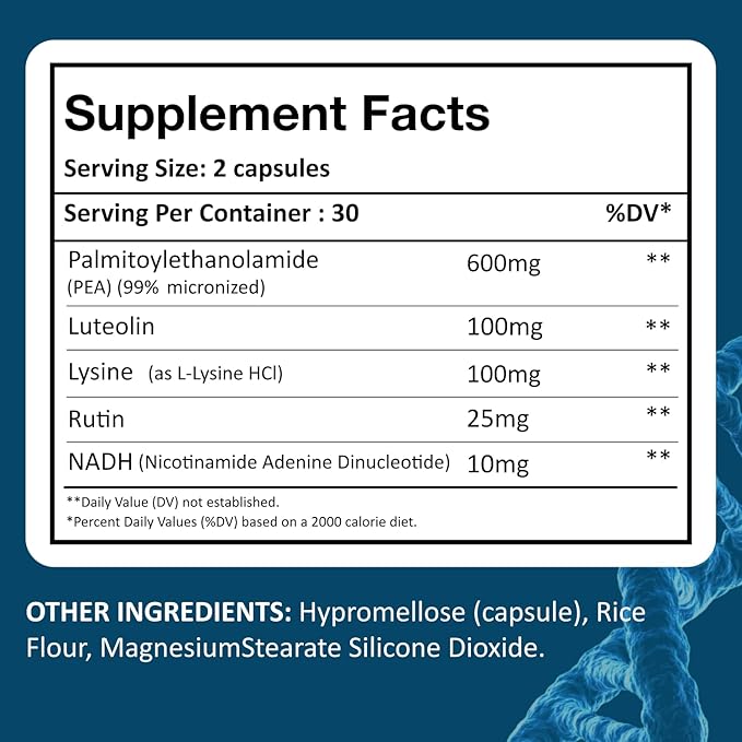 Palmitoylethanolamide(micronized Pea) with LuteolinNadhRutin and Lysine for ImmunityNervous* System* Support and Overall Wellness.60 Vegetable Capsules Made in USA.