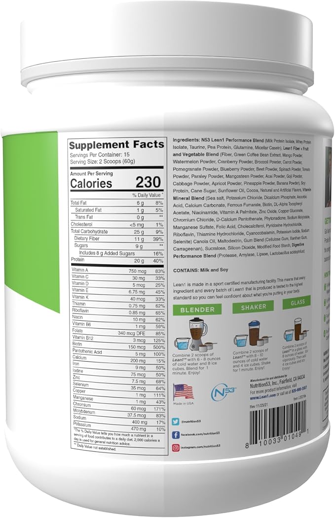 Lean1 meal replacement protein powder chocolate flavor 15 serving tub