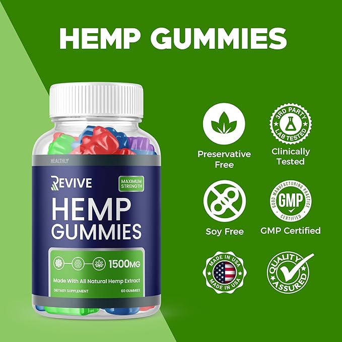 (2 Pack) Revive Gummies - Revive Hemp Gummies Premium Hemp Blend Revive Hemp Advanced Formula Hemp Extract Supplement Revive Hemp Gummy Big Size 25mg Per Gummy 1500mg Per Bottle New (120 Gummies)