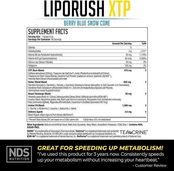 LIPORUSH NDS Nutrition XTP Thermogenic Fat Burner with L-Carnitine - Energy Focus and Appetite Control - Extreme Thermogenic Fat Burning Powder Weight Loss - Blue Berry Snow Cone (45 Servings)