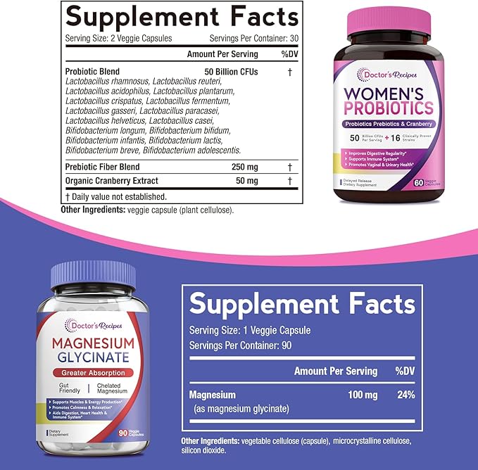Doctor's Recipes Probiotics and Magnesium Glycinate Bundle - Optimum Gut Health &amp Muscle Function Support for Men &amp Women