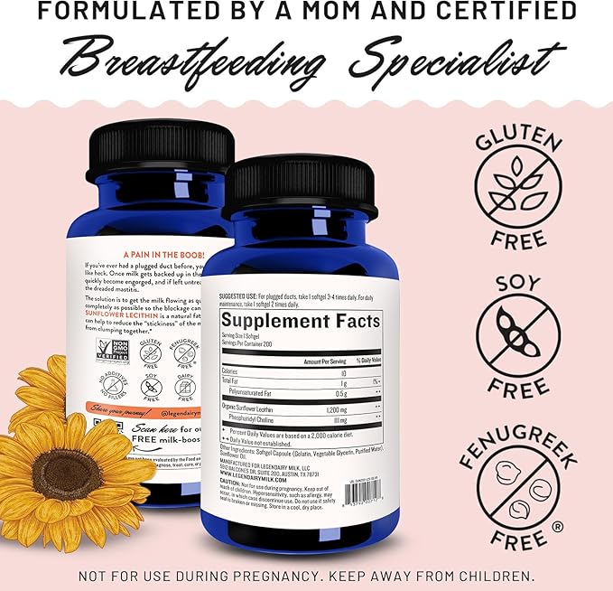 Legendairy Milk Sunflower Lecithin 1200mg Lactation Support Sunflower Lecithin Supplement for Clogged Milk Ducts Made in USA 200 Softgels