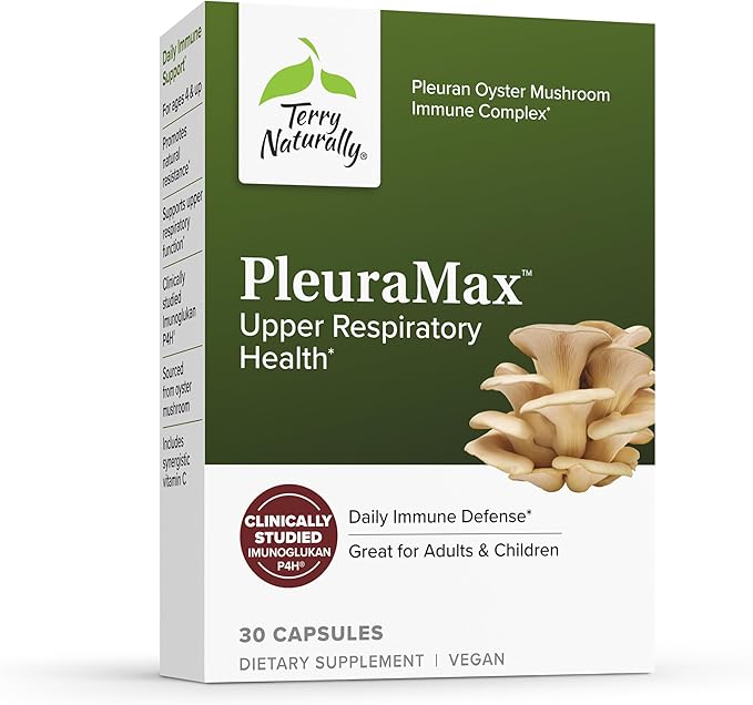 Terry Naturally PleuraMax - Upper Respiratory Health Supplement - Sourced from Oyster Mushrooms - Includes Vitamin C for Immune Support - Vegan &amp Non-GMO - 30 Capsules (30 Servings)
