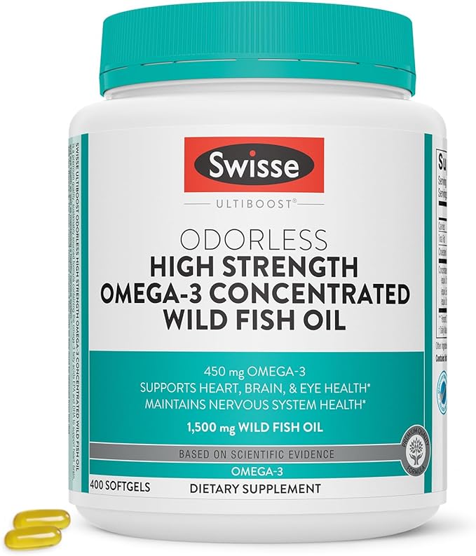 Swisse Wild Fish Oil Omega 3 Supplements for Women and Men | EPA DHA Fish Oil Supplements | Odorless - Helps Support Brain Eye and Heart Health | High Strength 1500 mg | 400 Softgel Pills