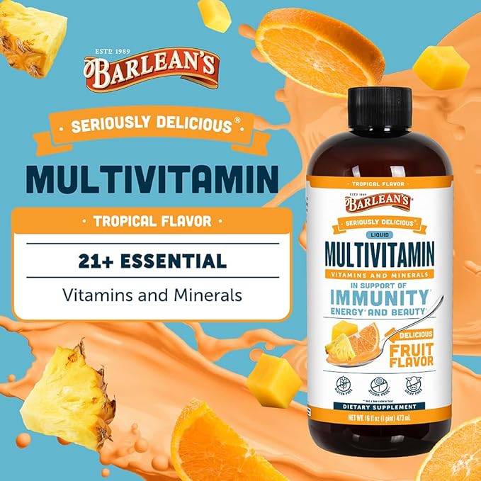 Barlean's Liquid Multivitamin for Women Men &amp Kids 21 Essential Vitamins &amp Minerals Includes Biotin B-Complex Vitamins C D3 &amp K2 Smoothie-Like Daily Supplement Tropical Flavor 16