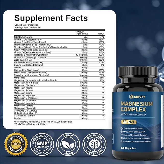 Magnesium Complex 30-in-1 10 Forms of Magnesium + Methylated B-Complex with CoQ10 Alpha Lipoic Acid &amp L-Carnitine 120 Capsules