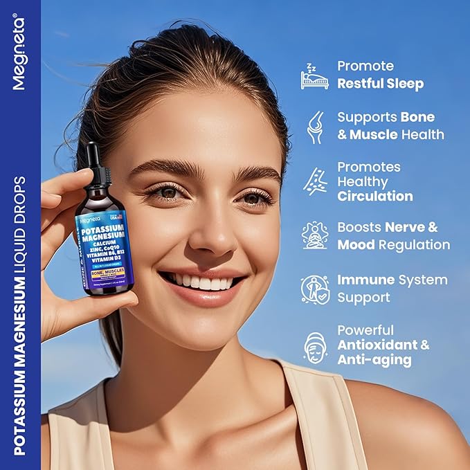 Potassium Magnesium Calcium Zinc Liquid Complex – Chelated Minerals with D3 B6 B12 &amp CoQ10 for Superior Absorption Heart Bone Muscle Sleep &amp Anti-Aging Support 2 Fl Oz(60ml)