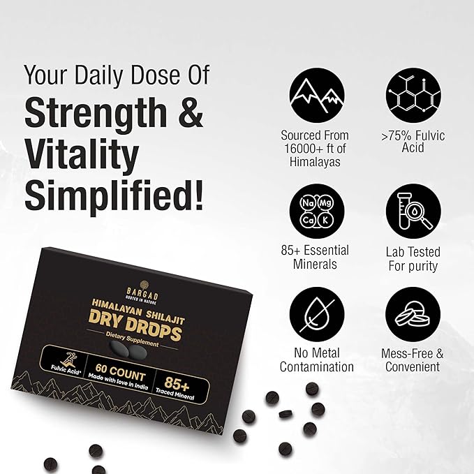 Bargad Shilajit Dry Drops | Natural Energy &amp Stamina | 100% Authentic Himalayan Shilajit Resin in Dry Form | Supports Vitality Focus &amp Detox | No Additives or Fillers | 60 Count