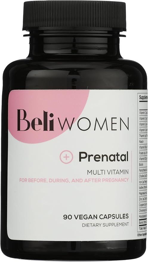 Beli Women Prenatal Multivitamin for All Stages of Pregnancy 400mg Choline Folate Vitamin D. Supports Egg Quality and Fertility Gluten &amp Allergen Free 90 Vegan Capsules (30-Day Supply)