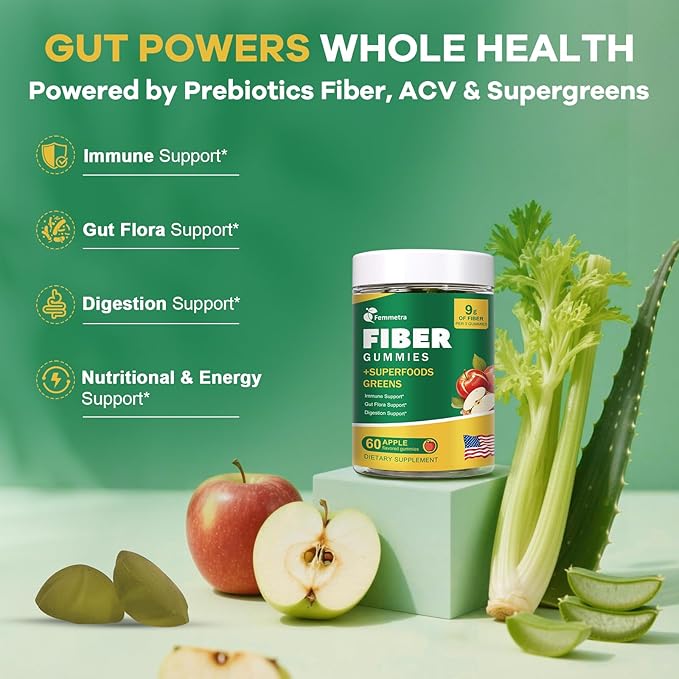 9G Fiber Gummies for Digestive Health &amp Regularity - No Sugar Added Apple Flavor - Prebiotic Fiber Supplement with Greens - Daily Gummies for Adults Women &amp Men - 60CT