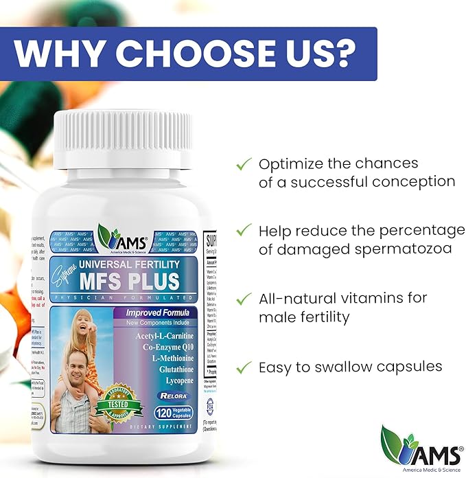 America Medic &amp Science MFS Plus Fertility Supplements for Men (120 Capsules) Sperm Count Booster Supports Motility | Natural Preconception Vitamins Reproductive Aid with Zinc CoQ10