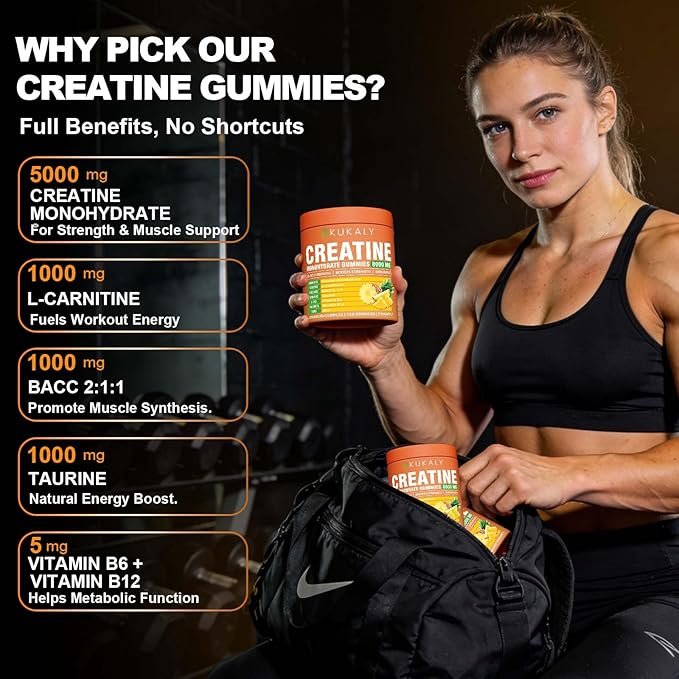 KUKALY Creatine Monohydrate Gummies for Men &amp Women 8500MG Creatine Gummies Sugar Free Pineapple Flavored with L-Taurine BCAA 2:1 B12 B6 for Boost Strength Focus &amp Endurance Vegan Non-GMO