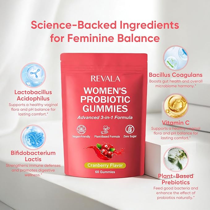 Revala 10-in-1 Viginal Probiotic Gummies for Women – Including Probiotic Strains Prebiotic Fiber &amp Vitamins Supports Digestive Balance Feminine Microbiome &amp Hormonal Harmony 60 Gummies (2)