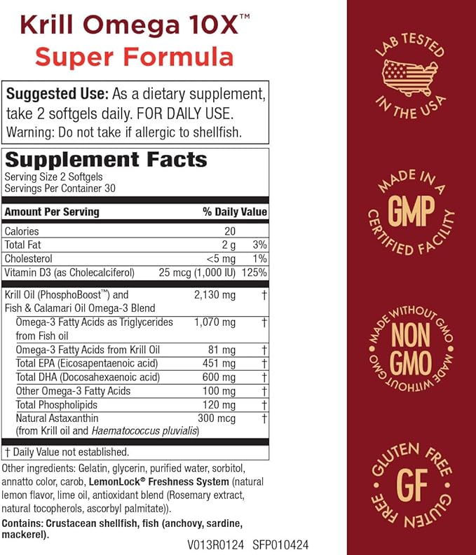 Purity Products Krill Omega-3 10x More EPA and DHA Super Formula Premium PhosphoBoost Krill Oil + Astaxanthin - Supports Joint Comfort + Flexibility - No Fish Burps LemonLock System - 60 SoftGels
