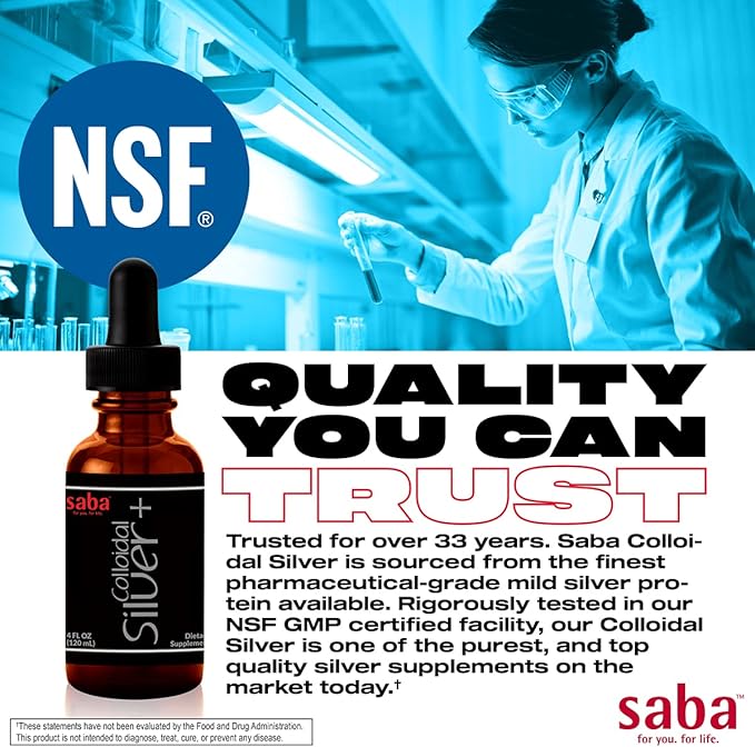 Saba Colloidal Silver 50PPM 4Fl Oz.- Seasonal Wellness Immune Support -This Multi-Use Product Comes in Handy for Several of Life’s Little Accidents. It’s A Must-Have in Every Household -24 Servings