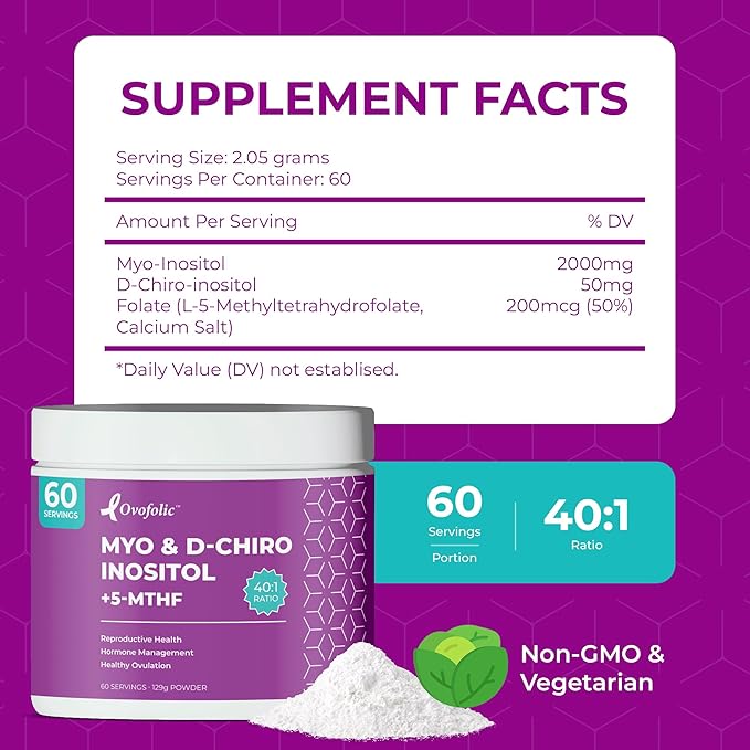 PCOS Supplement for Women - Boost Fertility Hormonal Balance and PCOS Support - Myo-Inositol D-Chiro Inositol Active Folate - High Potency PCOS Supplements (60 Servings 129g Jar)