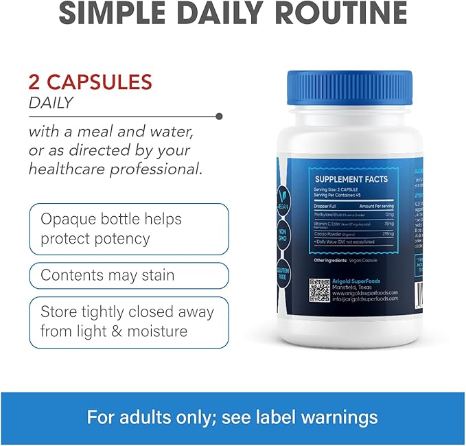 Methylene Blue Capsules 24mg - 99.99% Pharmaceutical Grade Purity - 90 Count - with Vitamin C Ester &amp Organic Cacao for Maximum Absorption - Nootropic Brain Supplement - Vegan Non-GMO Made in US