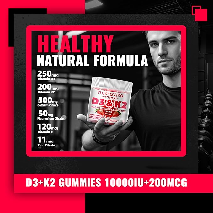 Nutravita Sugar-Free Vitamin D3 K2 Chews with Calcium + K2 (MK-7) Magnesium Citrate Vitamin C Extra Strength - Ultimate Absorption for Bone Muscle Teeth ImmuneVegan - 60 Count-Strawberry Flavor.