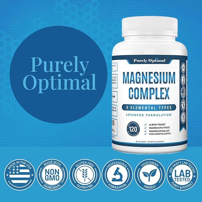 Purely Optimal Magnesium Complex - 6 Forms Magnesium Glycinate Citrate &amp Malate - Sleep Support Stress Relief Muscles Heart Health &amp Relaxation - Magnesium Supplement for Women &amp Men