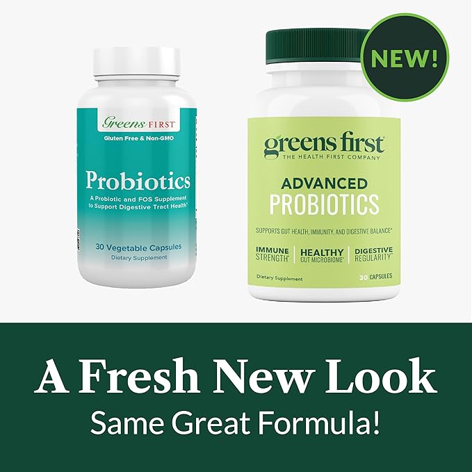 Greens First Probiotics - 20 Billion CFU of Beneficial Bacteria - FOS Soluble Fiber - Supports Gut Digestive Health and Skin Appearance - 30 Servings/Capsules