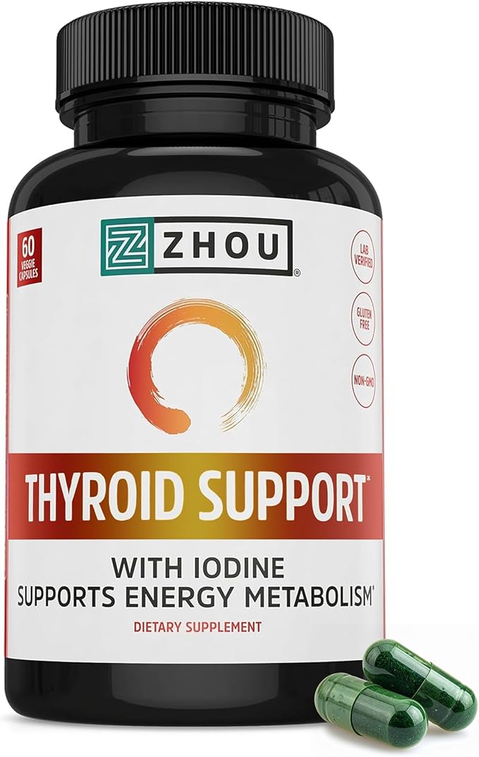 ZHOU Thyroid Support - Thyroid Supplement for Women &amp Men with Zinc Iodine &amp Selenium Cellular Energy Thyroid Complex with Ashwagandha Kelp - 60 Veggie Capsules (Pack of 1)
