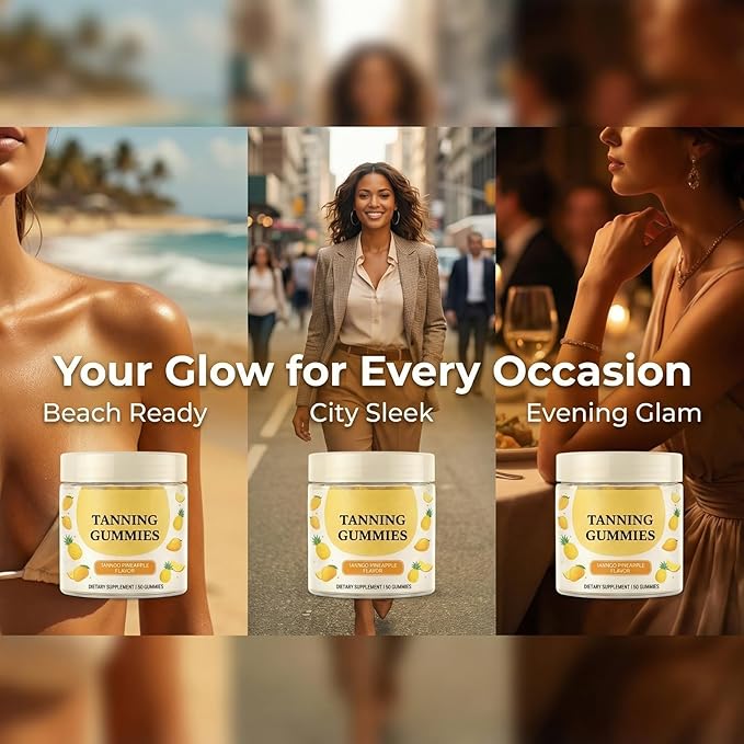 wuliao Gleaux Tanning Gummies Villuna Self Tanning Supplement for Women Goldenne Natural Moisturizing Bronzing Tanner for Face &amp Body Mango Pineapple Flavoreo 60 Gummies (1)