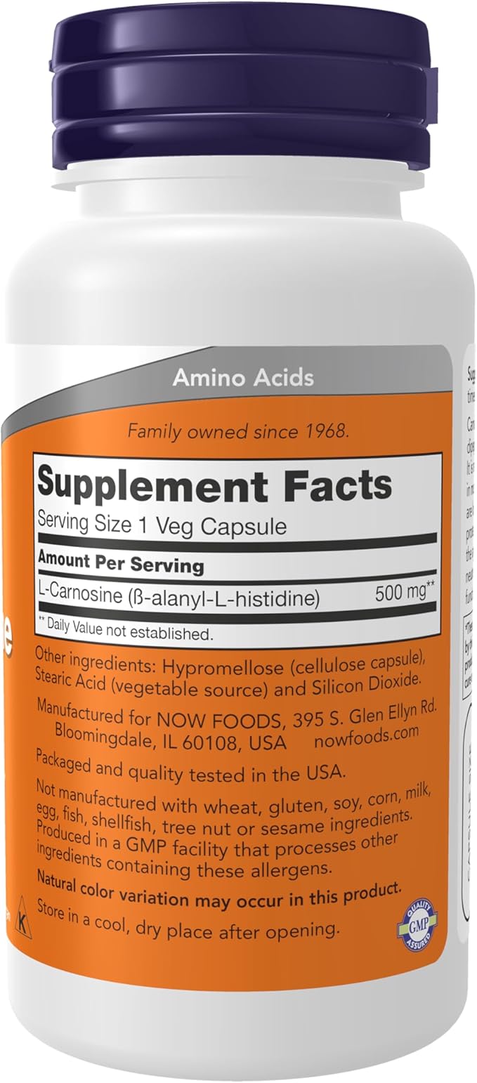 NOW Foods Supplements L-Carnosine (Beta-Alanyl-L-Histidine) 500 mg Healthy Aging 50 Veg Capsules