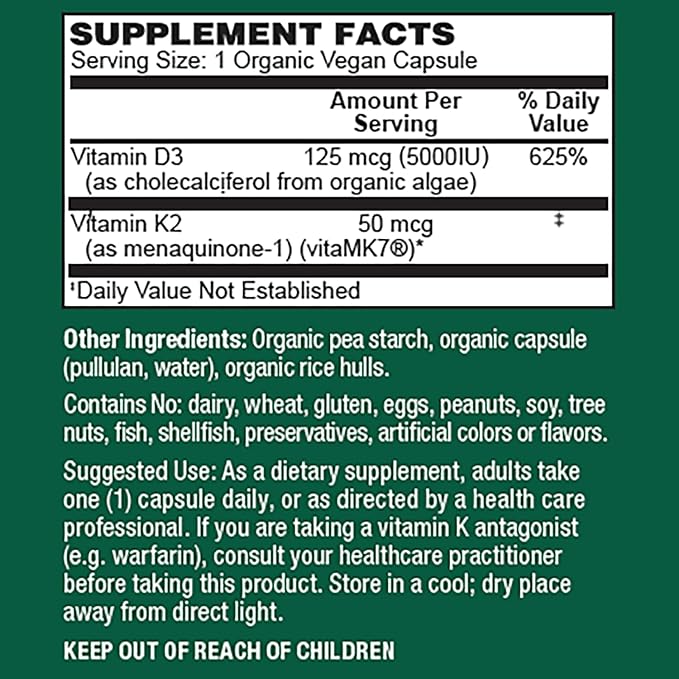PlantFusion Organic Vegan Vitamin D3 + K2 5000 IU 50MCG – Vitamin D Sourced from Plant Based Lichen and Vitamin K2 for Immune Support and Bone Health - 60 Capsules