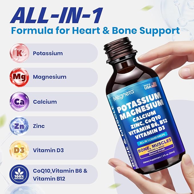Potassium Magnesium Calcium Zinc Liquid Complex – Chelated Minerals with D3 B6 B12 &amp CoQ10 for Superior Absorption Heart Bone Muscle Sleep &amp Anti-Aging Support 2 Fl Oz(60ml)