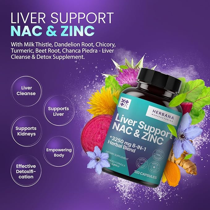 HERBANA MANUFACTURING Liver Support &amp NAC 120 Capsules with Milk Thistle Dandelion Root Chicory Turmeric Beet Root Chanca Piedra