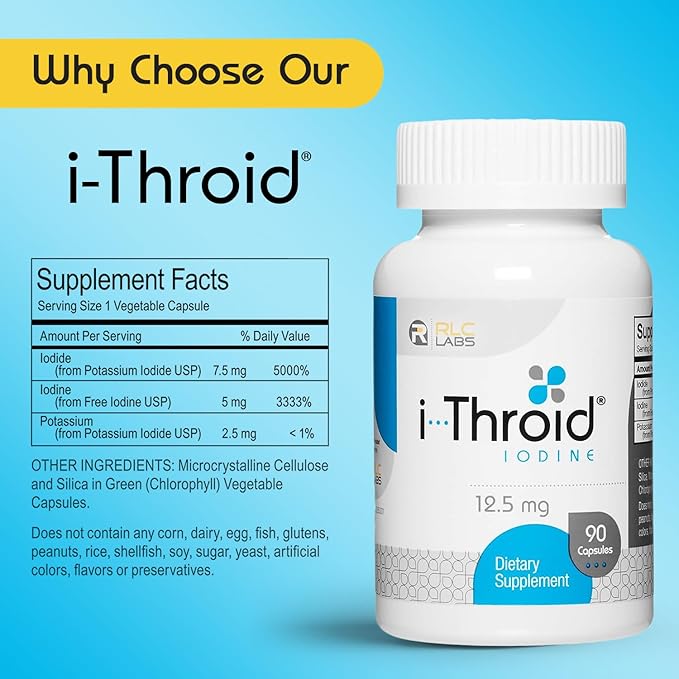 RLC Labs i-Throid 12.5 mg - Thyroid Supplements for Hypothyroidism Iodide Supplements for Thyroid Support Healthy Metabolism Thyroid Support for Women and Men - 90 Vegetarian Capsules (1 Pack)