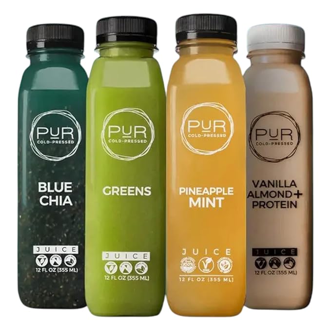 PUR Cold-Pressed Juice – Mini Harmony 3 Day Cleanse – Greens Blue Chia and Pineapple Mint Juices plus Vanilla Almond Nut Mylk with Plant-Based Protein – Non-GMO Pressed at Source – 12 Bottles