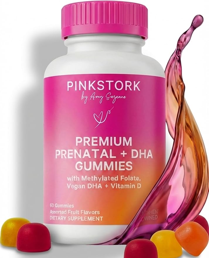 Pink Stork Premium Prenatal Gummy Vitamins with DHA Folate and Vitamin D - Multivitamin for Neural Tube and Fetal Brain Development - 60 Vegan Gummies for Morning Sickness Support