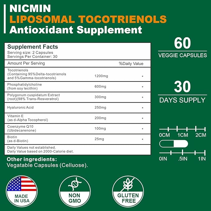 1200MG Vitamin E Tocotrienols Liposomal Tocotrienols Supplement with Phosphatidylcholine 95% Delta-tocotrienols and 5% Gamma-tocotrienols High Absorption for Heart Brain Function 120 Capsules