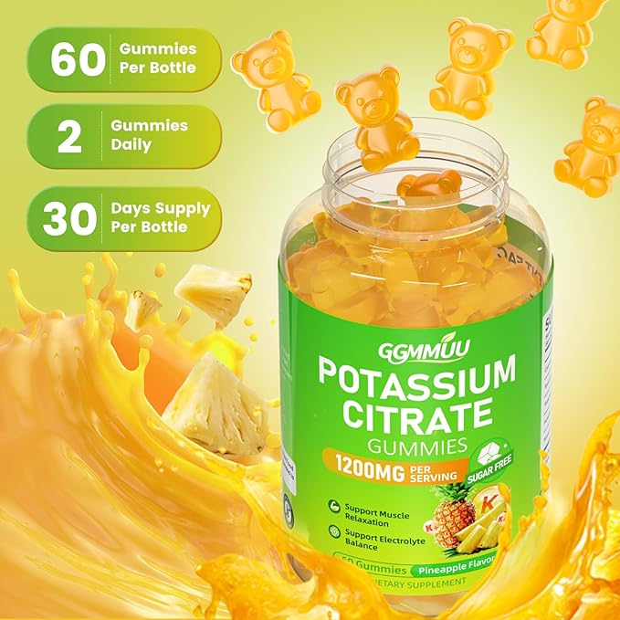 2 Pack Potassium Citrate Gummies 1200mg Sugar-Free Potassium Supplement for Adults &amp Kids - Supports Muscle Health Leg Cramps &amp Electrolyte Balance Vegan Pineapple Flavor 120 Count