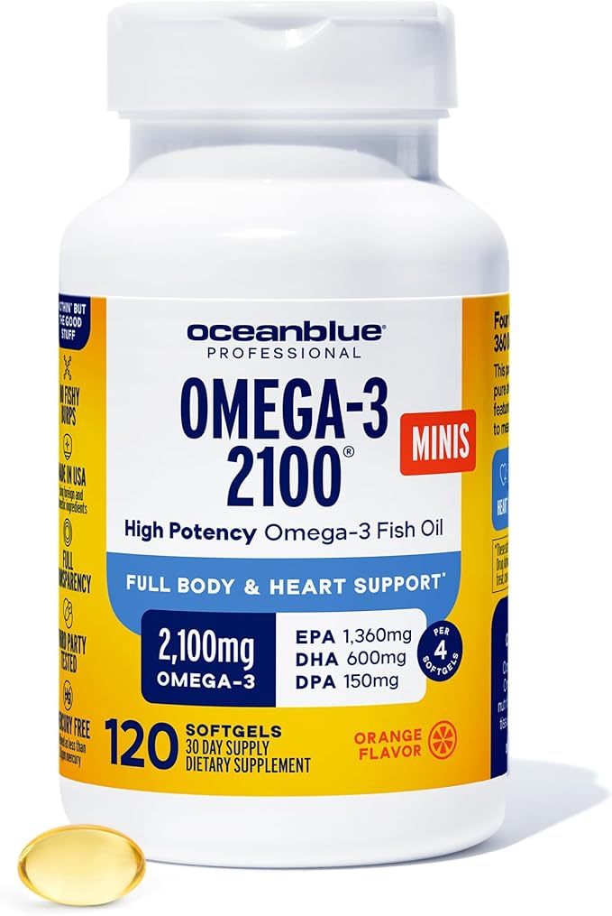 Oceanblue Professional Omega-3 2100mg Mini Fish Oil Softgels - Triple Strength High Potency EPA DHA &amp DPA - Burpless Wild-Caught Natural Orange Flavor - 120 Count