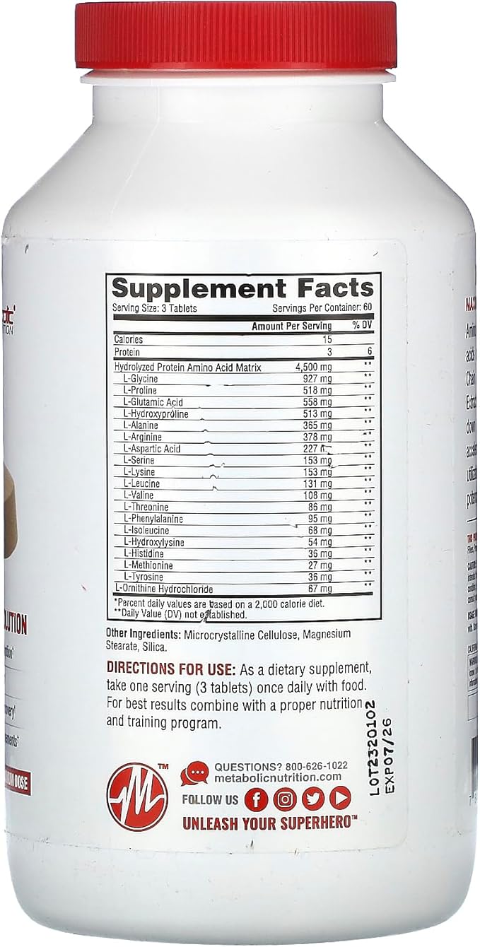 Metabolic Nutrition Amino 4500 Tablets Maximum Potency Hydrolyzed Amino Acid Complex 4500mg (180)