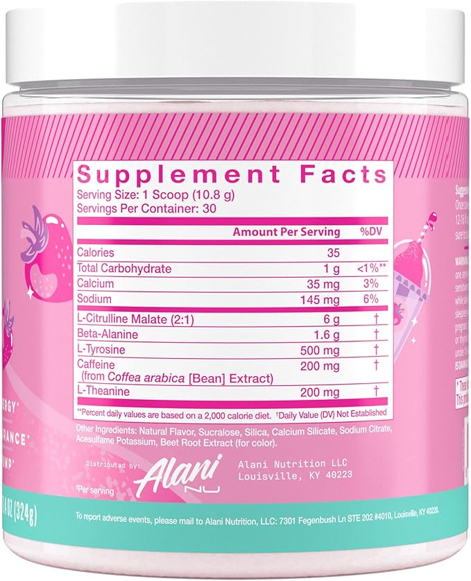 Alani Nu Pre Workout Powder Pink Slush Amino Energy Boost Endurance Supplement Sugar Free 200mg Caffeine L-Theanine Beta-Alanine L-Citrulline 30 Servings