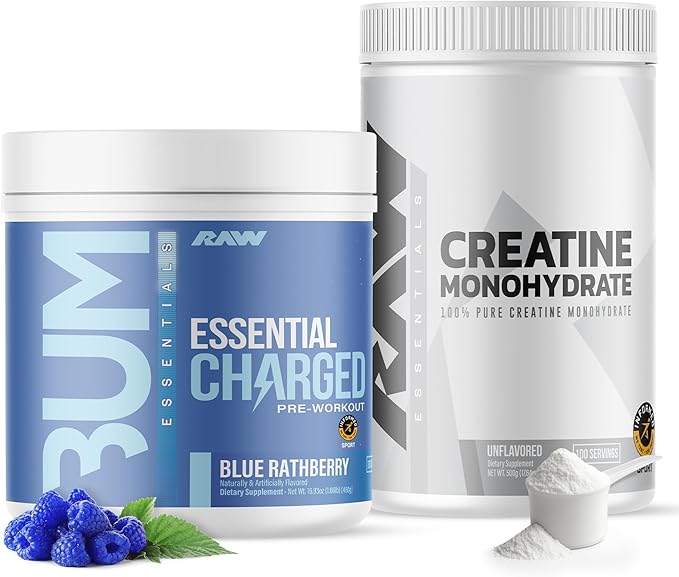 RAW Nutrition Creatine Monohydrate &amp Blue Raspberry Pre-Workout Powder Bundle