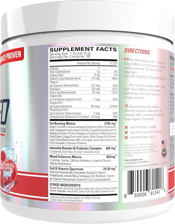 EHP Labs OxyShred Pre Workout Powder - Preworkout Powder with L Glutamine &amp Acetyl L Carnitine Energy Boost Drink - Raspberry Refresh 60 Servings