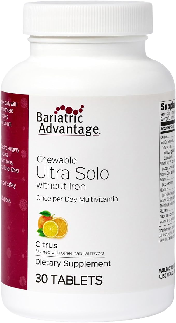 Bariatric Advantage Chewable Ultra Solo Without Iron - Once-Per-Day Daily Multivitamin - for Bariatric Surgery Patients - Thiamin Vitamin A &amp More - Gluten-Free - Citrus - 30 Count
