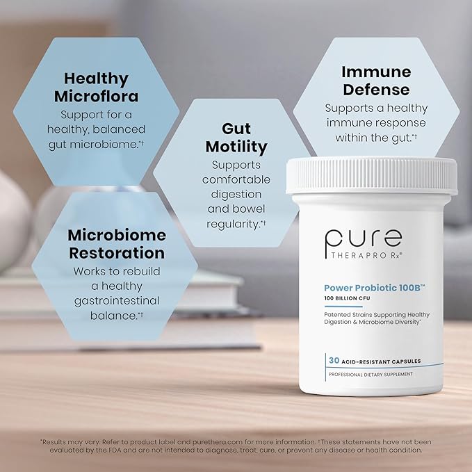 Pure Therapro Rx Power Probiotic 100B | 30 Acid Resistant Capsules - 1 Month Supply | 4 Proven Strains 100 Billion CFU | Flora Balance &amp Digestion | NO Refrigeration Required | Non-GMO | Zero Fill