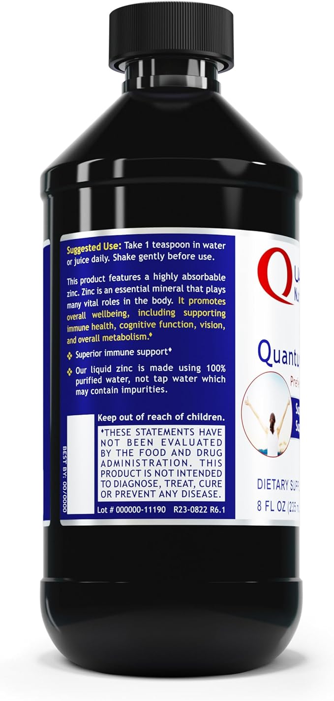 Quantum Nutrition Labs Liquid Zinc Supplement Drops - Zinc Sulfate Tincture for Adults 25mg per Serving Metabolic Function &amp Immune Support - 8 Fl Oz Bottle