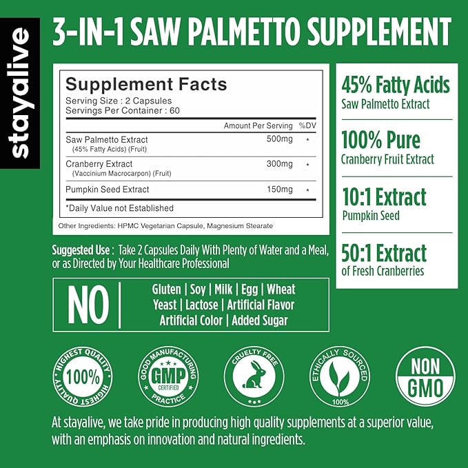 STAYALIVE Lycopene and Saw Palmetto Bundle with Cranberry and Pumpkin Seed Extract 240 Vegan Pills Non-GMO &amp Gluten Free Men's Health Supplement