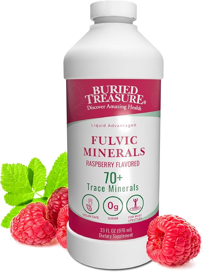 Buried Treasure Fulvic Mineral Complex - 32oz Natural Raspberry Flavor with Over 70 Plant Derived Minerals Non-GMO Electrolyte Replacement Vegetarian Safe Daily Essential and Trace Minerals