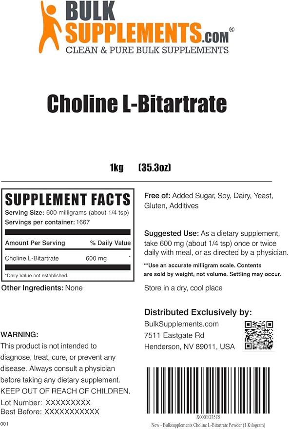 BulkSupplements.com Choline Bitartrate Powder - as Choline L-Bitartrate Choline Supplement - Gluten Free 600mg per Serving 5kg (11 lbs) (Pack of 5)