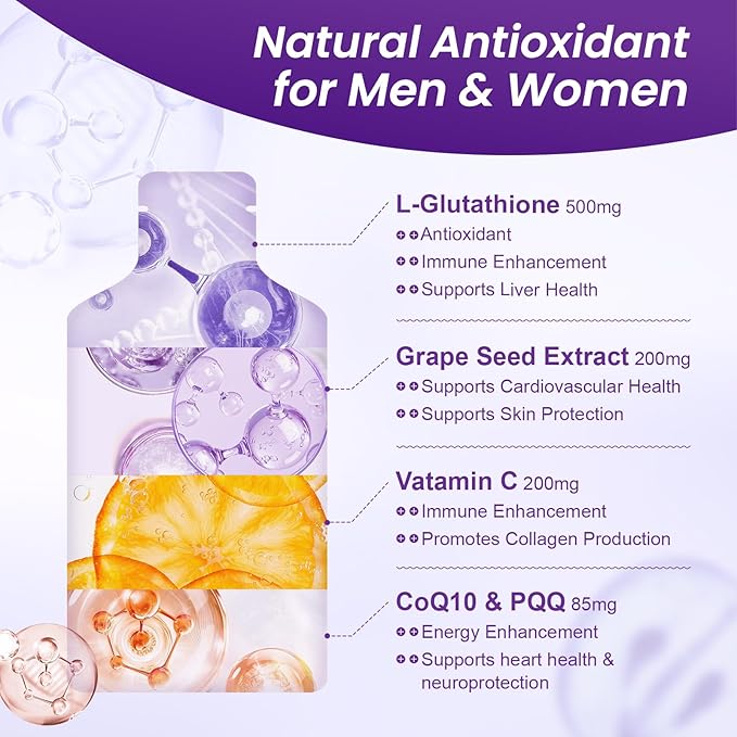 Liposomal Glutathione Supplement – 500mg Glutathione with PQQ CoQ10 &amp Vitamin C – High Absorption Antioxidant for Immune &amp Energy Support – Grape Flavor 30 Pouch